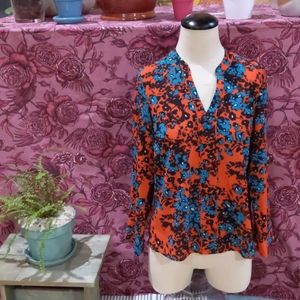 Long Sleeved Red/Teal/Black Blouse